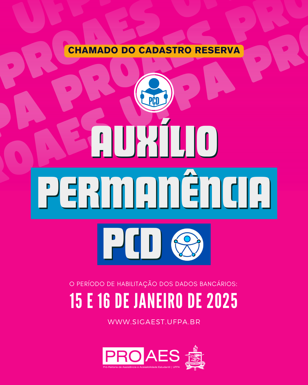 A imagem é um banner informativo com um fundo rosa vibrante e textos em branco, azul e amarelo. O conteúdo está organizado da seguinte forma: uma faixa amarela com texto preto que diz: 