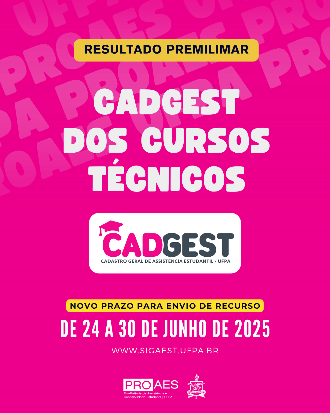 Cartaz digital com fundo rosa vibrante. Ao fundo, aparece repetidamente, em tom mais claro, a palavra 
