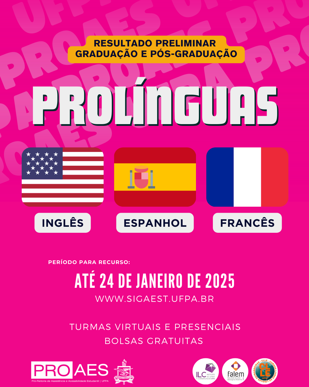 A imagem tem um fundo rosa vibrante com palavras em tons mais claros formando um padrão de fundo. No topo, há uma faixa amarela com o texto: "RESULTADO PRELIMINAR GRADUAÇÃO E PÓS-GRADUAÇÃO". Abaixo, em letras grandes e brancas com sombra escura, está escrito "PROLÍNGUAS". No centro da imagem, há três bandeiras, cada uma representando um idioma: Bandeira dos Estados Unidos (com listras vermelhas e brancas e estrelas brancas em fundo azul), com a legenda "INGLÊS" abaixo. Bandeira da Espanha (com faixas vermelhas e amarelas e um pequeno brasão no centro), com a legenda "ESPANHOL" abaixo. Bandeira da França (com três faixas verticais azul, branca e vermelha), com a legenda "FRANCÊS" abaixo. Mais abaixo, há um aviso em branco e negrito sobre o período para recurso: "ATÉ 24 DE JANEIRO DE 2025", seguido do site "WWW.SIGAEST.UFPA.BR". Na parte inferior, há mais informações em branco: "TURMAS VIRTUAIS E PRESENCIAIS" e "BOLSAS GRATUITAS". No rodapé, há logotipos e o nome das instituições envolvidas: PROAES (Pró-Reitoria de Assistência e Acessibilidade Estudantil - UFPA). Outros parceiros, incluindo ILC, Falem e CLLE.
