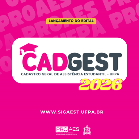 Banner em fundo rosa vibrante com a frase “Lançamento do Edital” no topo. No centro, em destaque, aparece “CADGEST 2026” com um ícone de chapéu de formatura ao lado do nome.