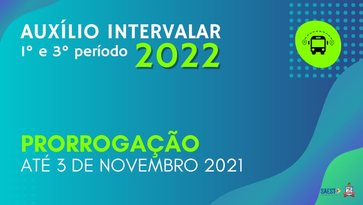 A Universidade Federal do Pará (UFPA), por meio da Superintendência de Assistência Estudantil (SAEST), comunica que o prazo para INSCRIÇÕES do processo seletivo referente ao Auxílio Intervalar – 1º e 3º períodos de 2022, regido pelo EDITAL Nº 10/2021/SAEST/UFPA, foi PRORROGADO para até às 17h de 09 de novembro de 2021.